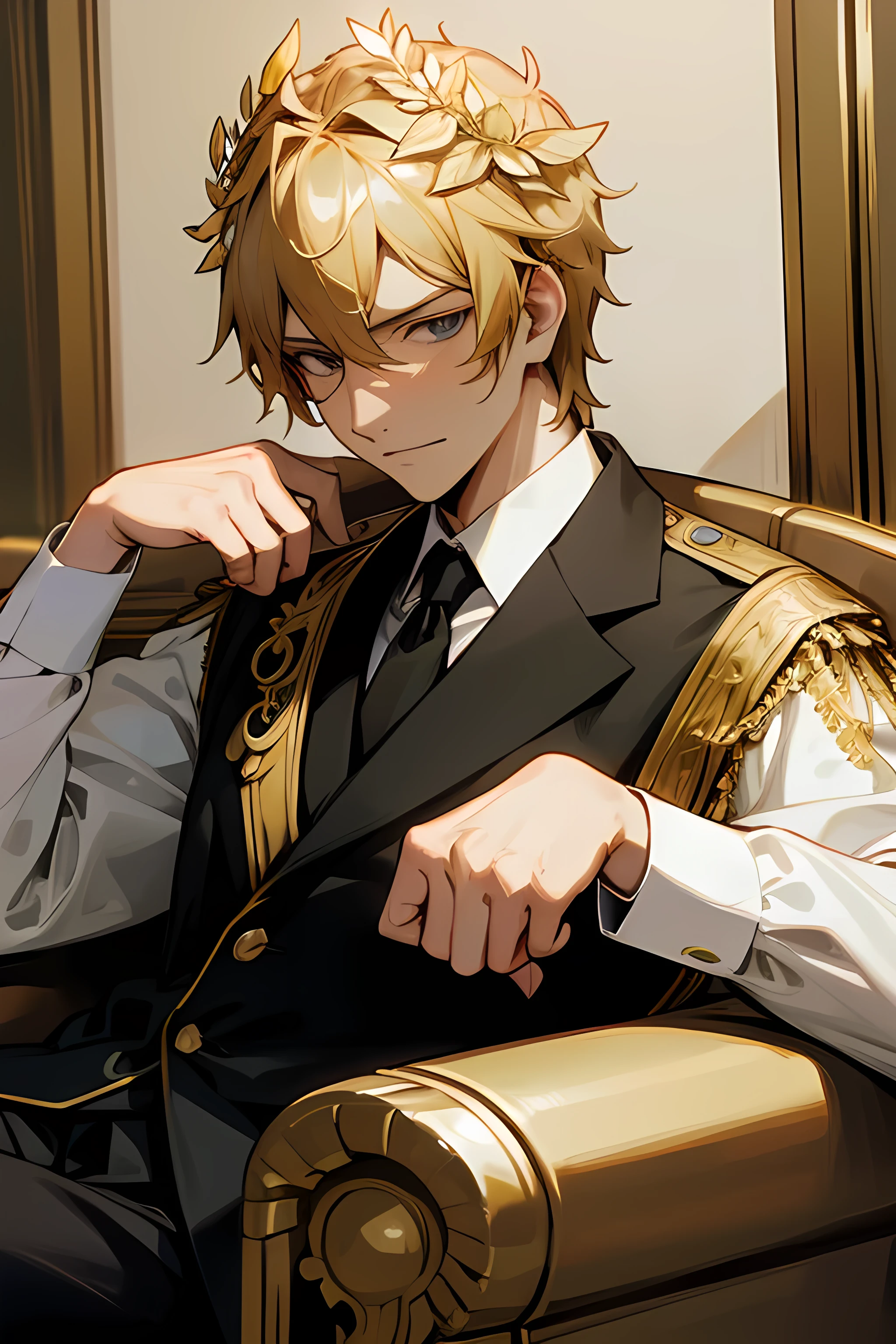 politician in a limo, he is wearing roman imperial golden laurel wreath,