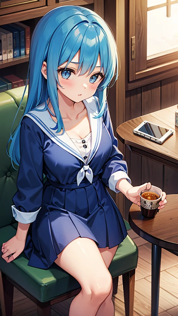 A high school girl with blue hair,sit on the chair,The one in my hand is my mother's model