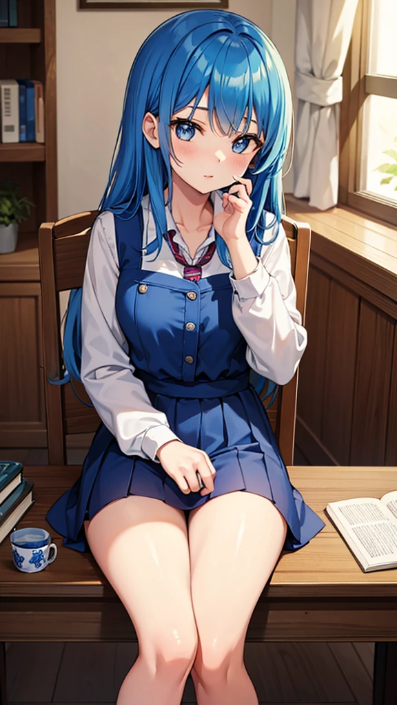 A high school girl with blue hair，sit on the chair，The one in my hand is my mother&#39;s model