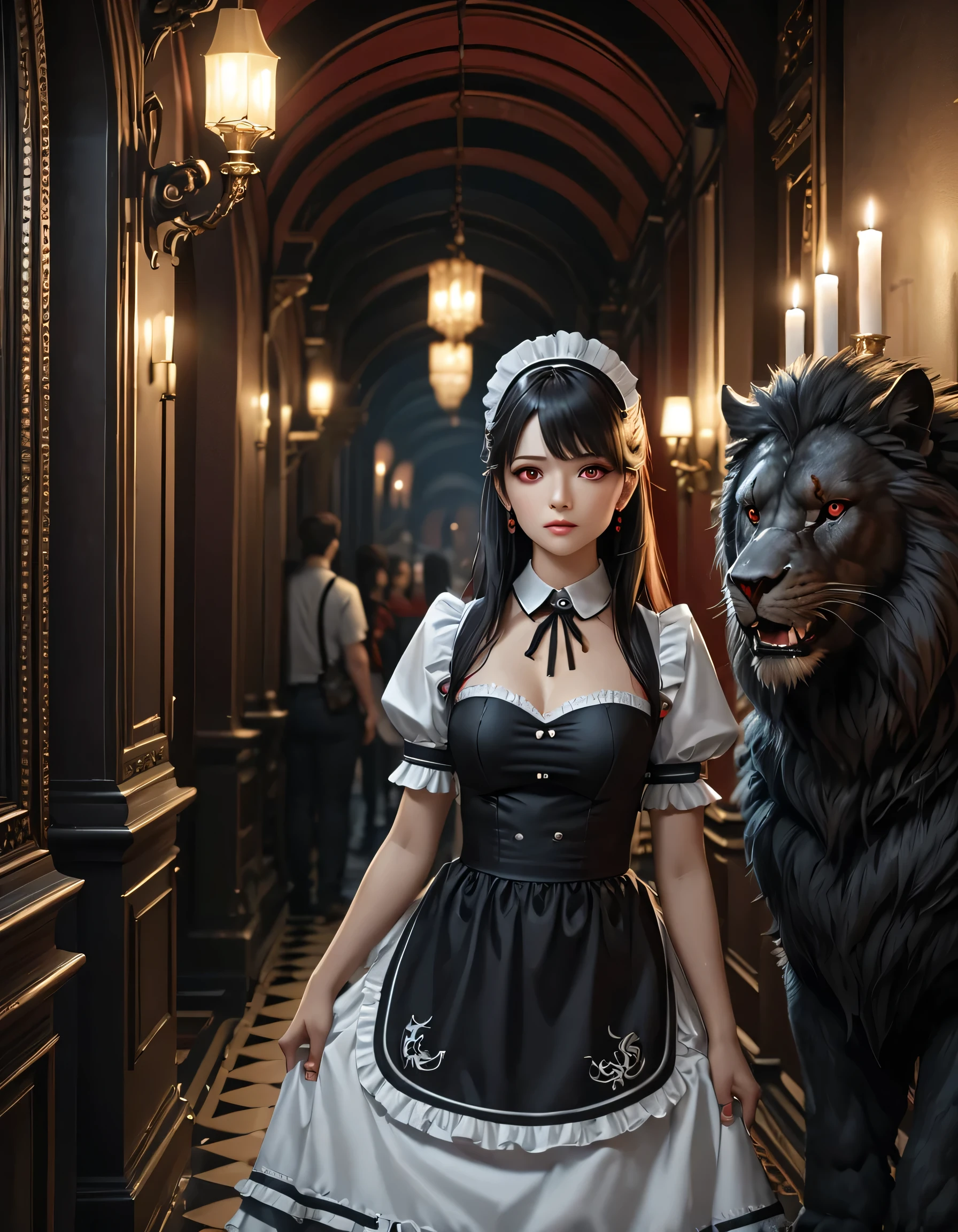 high quality, detailed, Realistic,(25 years old beautiful maid), (detailed dark red eyes), (black long hair),large beasts,(shiny skin),dark night palace corridor, candle,best quality,4k,8k,highres,masterpiece:1.2),ultra-detailed,(realistic,photorealistic,photo-realistic:1.37), looking at viewer,