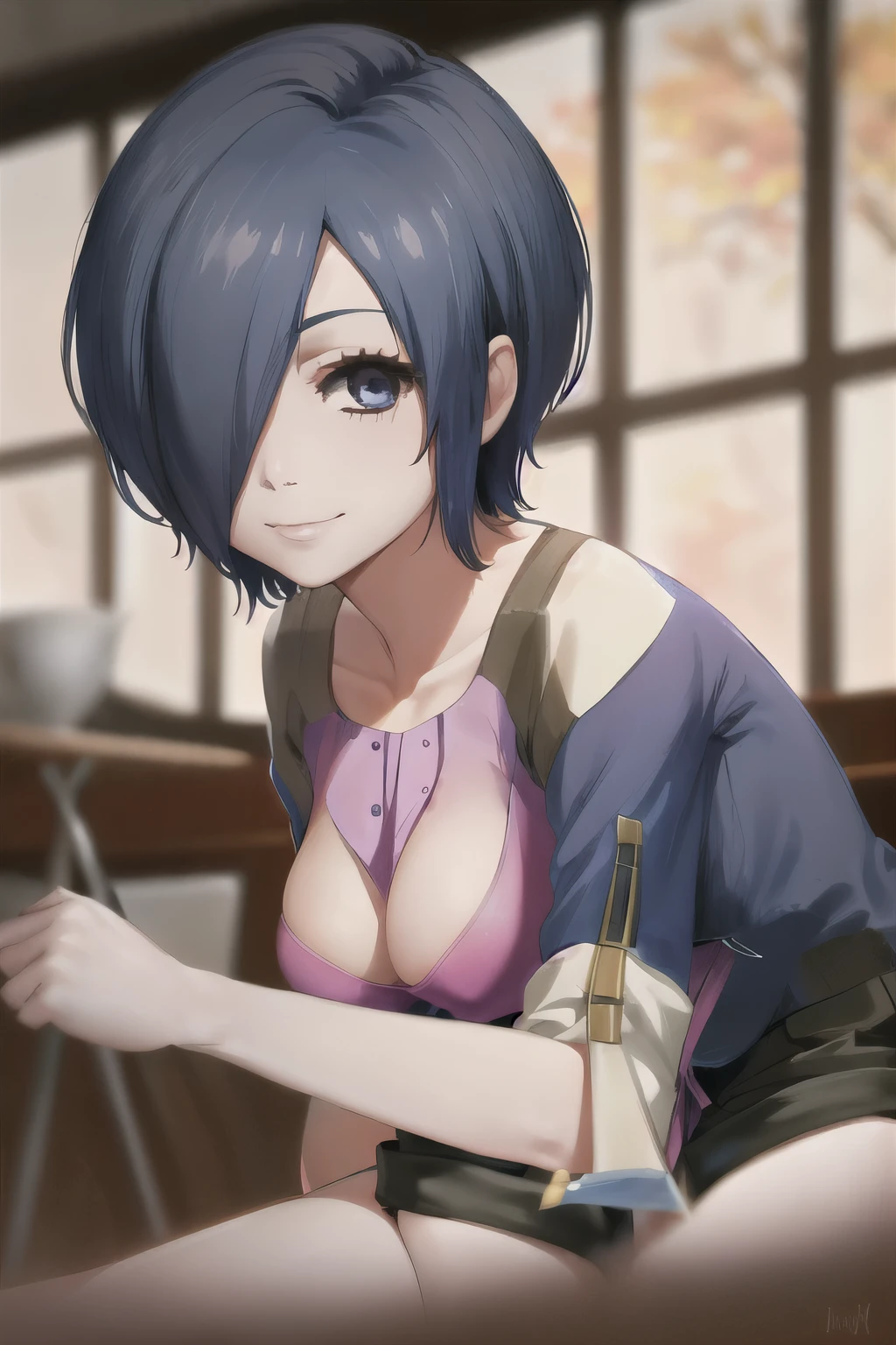 kirishima touka, blue hair, hair over one eye, blue eyes, ((pink t-shirt)), colarbone, ((black apron)), ((black shorts))
masterpiece, best quality, absurdres, upper body, looking at viewer, smile, cafe, in a bra and underwear on the bed with a smile