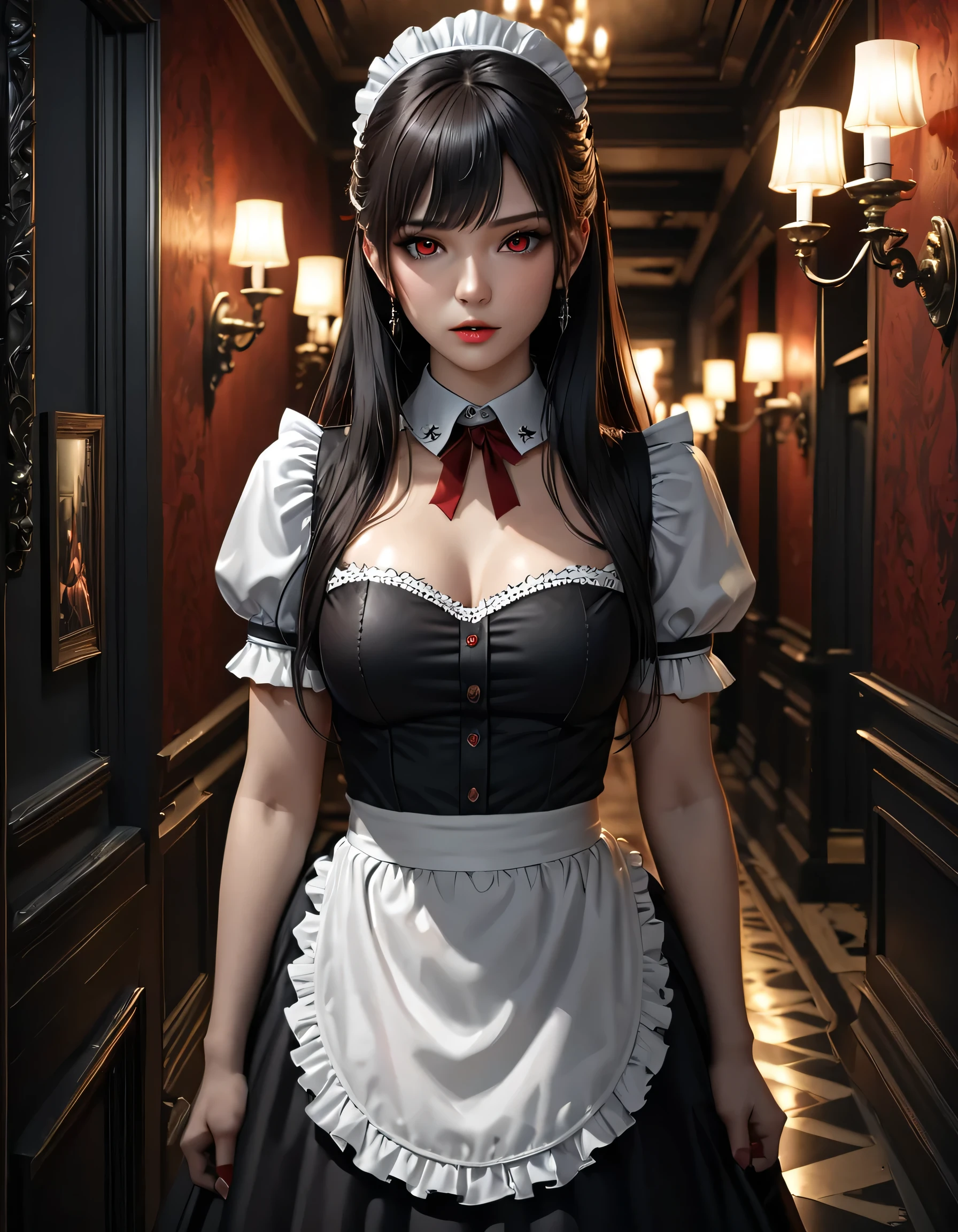 high quality, detailed, Realistic,(25 years old beautiful maid), (detailed dark red eyes), (black long hair),large beasts,(shiny skin),dark night palace corridor, candle,best quality,4k,8k,highres,masterpiece:1.2),ultra-detailed,(realistic,photorealistic,photo-realistic:1.37), looking at viewer,