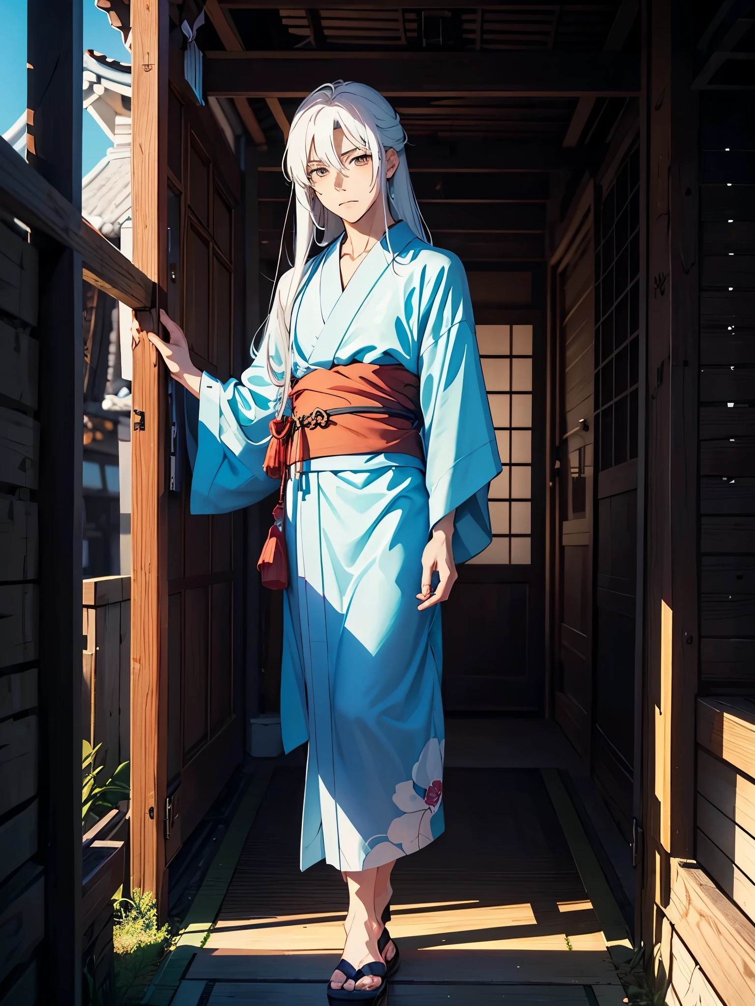 More anime. boy. tao. masculine. Boy. Long hair. White hair. Japanese Gate. Tori. kimono. . More anime. light blue light. Bright bright light.