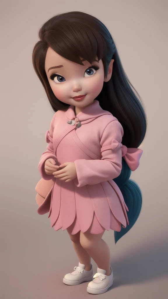 chibi baby 8k, highly detailed, beautiful girl, baby, chibi, , cover art, blue hair bow, brown long hair pink sleeve dress, white background,white shoes, balancing, optimistic, brown hair, brown hair,