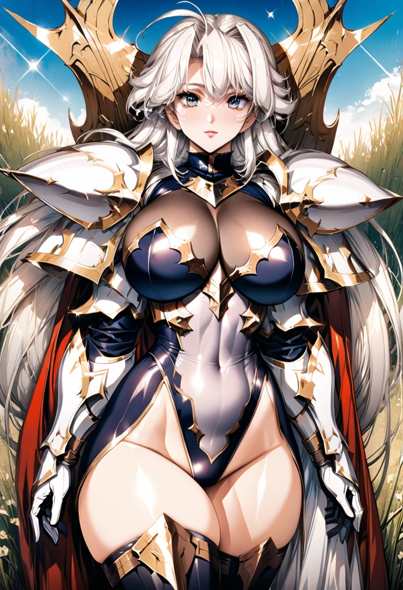 ((highest quality)), ((masterpiece)), ((hyperrealistic)), (detailed background), 1girl, ((curvy: 1.2)), ((Sparkling sequin lame leotard: 1.3)), ((catsuit)), ((paladin armor)), (long skirt dress), cloak de cour, gauntlet, gloves, white hair, ahoge, (huge breasts: 1.3), (see-through cleavage cutout), (zettai ryouiki armored thigh high boots), (thighs), (groin area), beautiful eyes, perfect face, Perfect hands, perfect fingers, Blue sky and grassland,
