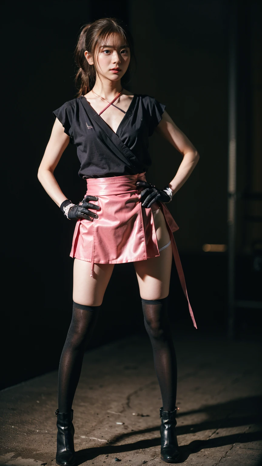(8K、RAW Photos、Highest quality、masterpiece:1.2)、(Highest quality、Realistic)、1 Girl、((レザーガーターbelt、Side Ponytail、Tube top、Arm Covers、Ninja costume、mini skirt、Black and Pink、tights、Belly button、Gloves、belt、ribbon、See-through、Thin legs、whole body、boots、City of night、View from the front、Looking into the camera、Stand with hands on hips))、cute