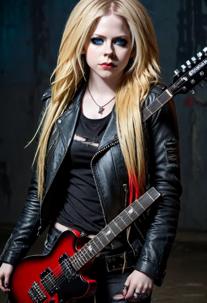 a beautiful detailed portrait of avril lavigne, a female rockstar, with piercing blue eyes, full red lips, pale skin, long blonde hair, wearing a black leather jacket, ripped jeans, and holding an electric guitar, dramatic lighting, moody color tones, grungy, edgy, photorealistic, 8k, (best quality,4k,8k,highres,masterpiece:1.2),ultra-detailed,(realistic,photorealistic,photo-realistic:1.37)