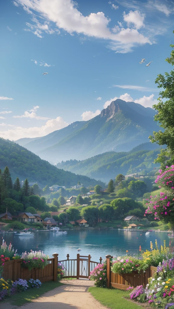 villa, Flowers by the fence, Roadside fence,  Mountain landscape with lake and boats, Birds flying in the blue sky, Illustration Matte Paint,  Thomas Kinkade (Thomas Kinkade) of inspiration, Symmetrical matte paint, Detailed scenery , Original style, 8K ultra-fine