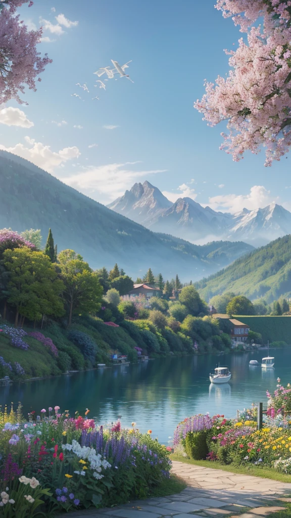 villa, Flowers by the fence, Roadside fence,  Mountain landscape with lake and boats, Birds flying in the blue sky, Illustration Matte Paint,  Thomas Kinkade (Thomas Kinkade) of inspiration, Symmetrical matte paint, Detailed scenery , Original style, 8K ultra-fine