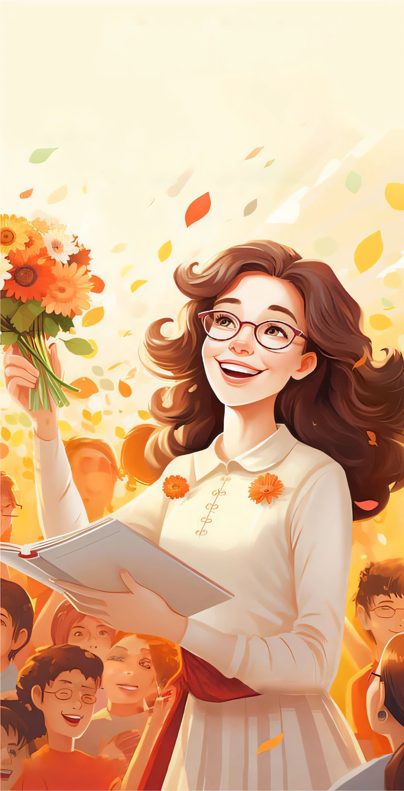 There is a lady holding a bouquet of flowers and a book, A beautiful artistic illustration, Beautiful digital illustrations, Artgerm 和 Atey Ghailan, Realistic cute girl, By Artie Guerin, author：Yang J, author：Ni Duan, Inspired by Artie Guerin, Nice illustration, Book Illustrations, author：Kim Jong-hee