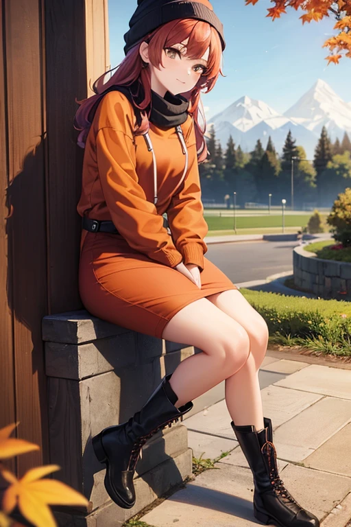 best quality, beautiful woman looking at viewer, orange hoodie, black midi pencil skirt, pencil skirt, beanie, leather boots, red scarf, full body, medium purple hair, wavy hair, garden, fall evening, tree, leaves, park