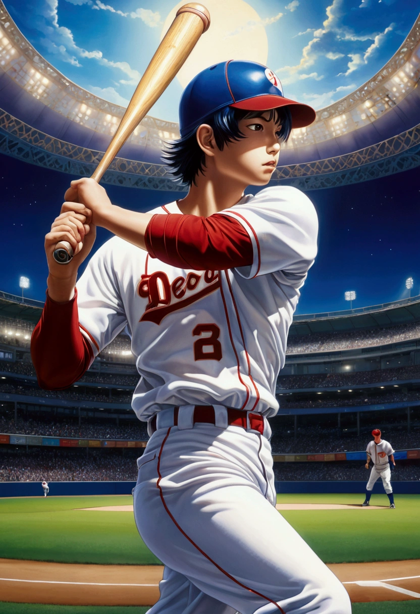 Baseball Player, by Chiho Aoshima, full body, cinematic still, cinemascope, (best quality, masterpiece), very aesthetic, perfect composition, intricate details, ultra-detailed, vivid colors