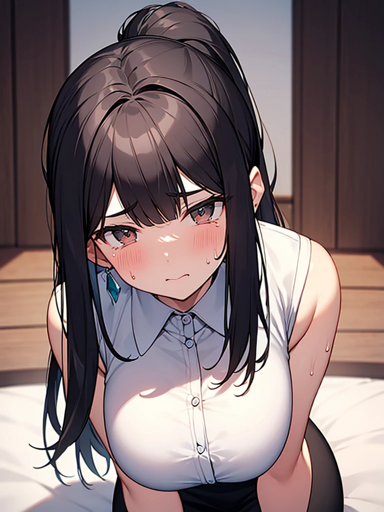 Close up on facial expression:1.3 Troubled face:1.3 Tears:1.3 blowjobs:9.9 Open your mouth wide and take the penis:1.9 tall women:1.9 Tears of Despair:1.3. On the bed, an erect penis:1.3. White sleeveless collared shirt:1.3. Black slit long skirt:1.3. Sweat:1.3 Buttocks, troubled face, wrinkled eyebrows, flushed cheeks, night:1.3 Apartment bedroom, white sheets, short black hair, ponytail:1.9 Straight hair, bangs swept to the side:1.9. Slanted eyes, brown eyes, tall, big breasts, strong-willed, beautiful