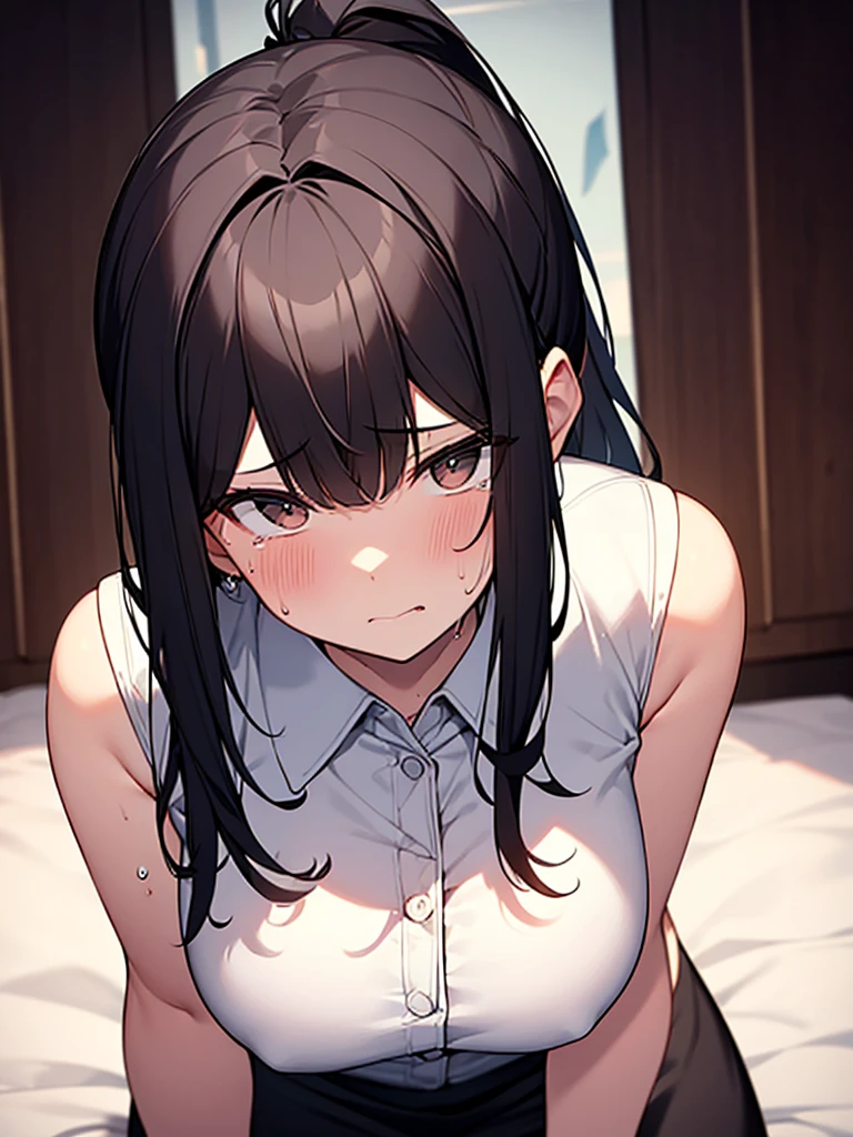 Close up on facial expression:1.3 Troubled face:1.3 Tears:1.3 blowjobs:9.9 Open your mouth wide and take the penis:1.9 tall women:1.9 Tears of Despair:1.3. On the bed, an erect penis:1.3. White sleeveless collared shirt:1.3. Black slit long skirt:1.3. Sweat:1.3 Buttocks, troubled face, wrinkled eyebrows, flushed cheeks, night:1.3 Apartment bedroom, white sheets, short black hair, ponytail:1.9 Straight hair, bangs swept to the side:1.9. Slanted eyes, brown eyes, tall, big breasts, strong-willed, beautiful
