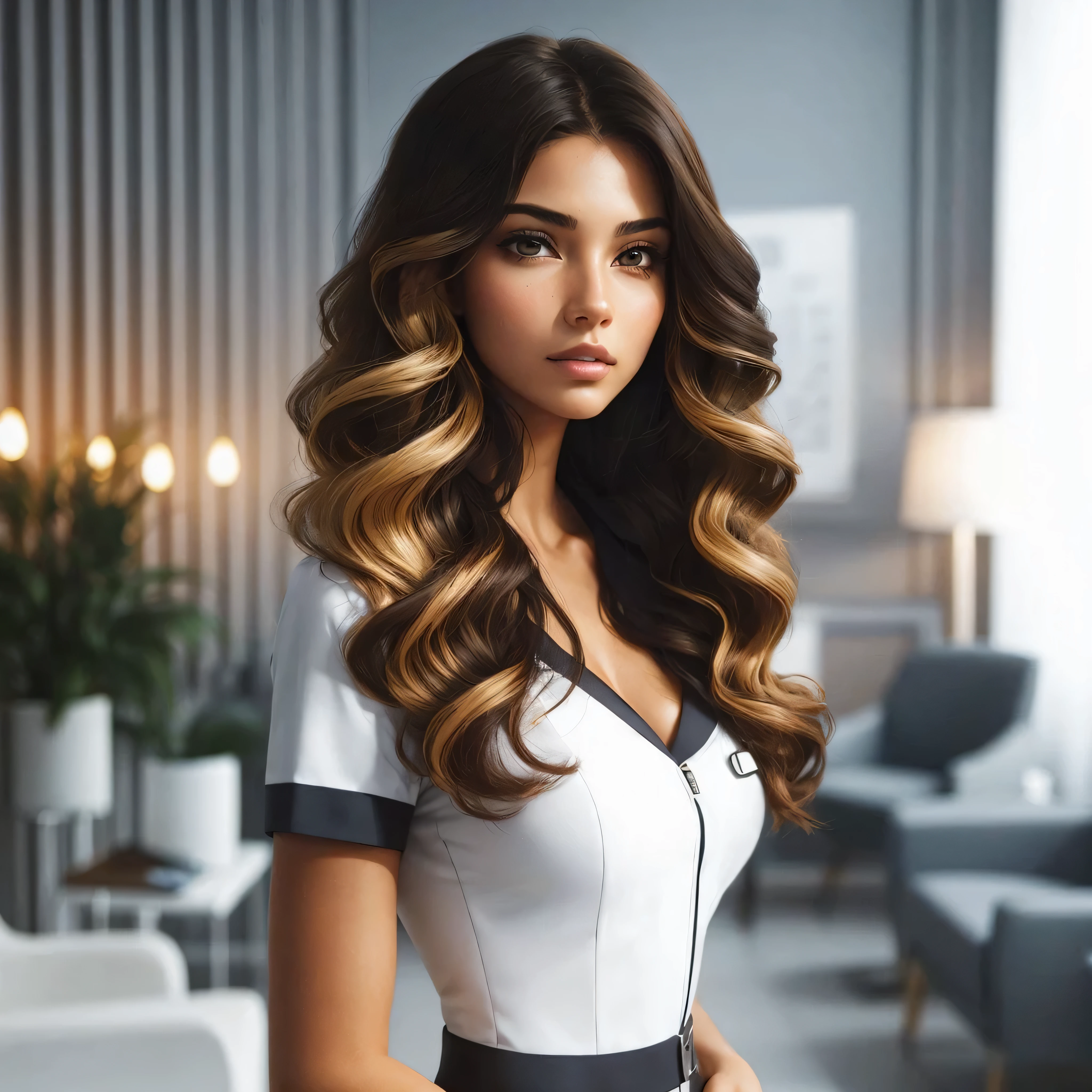 In the quiet clinic, the soft sounds of hushed conversations and discreet footsteps fill the air. In the center of the room, a nurse with long, wavy hair, predominantly black with bright blonde highlights, Stands out with your fitted uniform. The piece not only highlights your slim waist, but also emphasizes your elegant and professional figure. His attentive eyes and calm expression contrast with the clinical environment, adding a touch of beauty and confidence to the meticulously organized space around you.