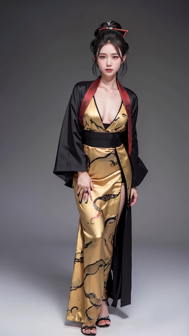 (masterpiece), best quality, expressive eyes, perfect face, Benisato, kunoichi, snakes tattooed, She is a tall and matured woman with a slender curvaceous build with long legs and arms, Although a ninja herself, Benisato has the appearance of a beautiful and seductive geisha, She has porcelain skin and long dark hair tied back in a coif with a hairpin and traditional comb, Benisato is covered in serpent tattoos that come alive when she uses her powers and will usually appear naked during a battle to throw off her male victims, She wears traditional Japanese geisha robes, full body, pants, long sleeves, vest, sandals, kimono, Hongli