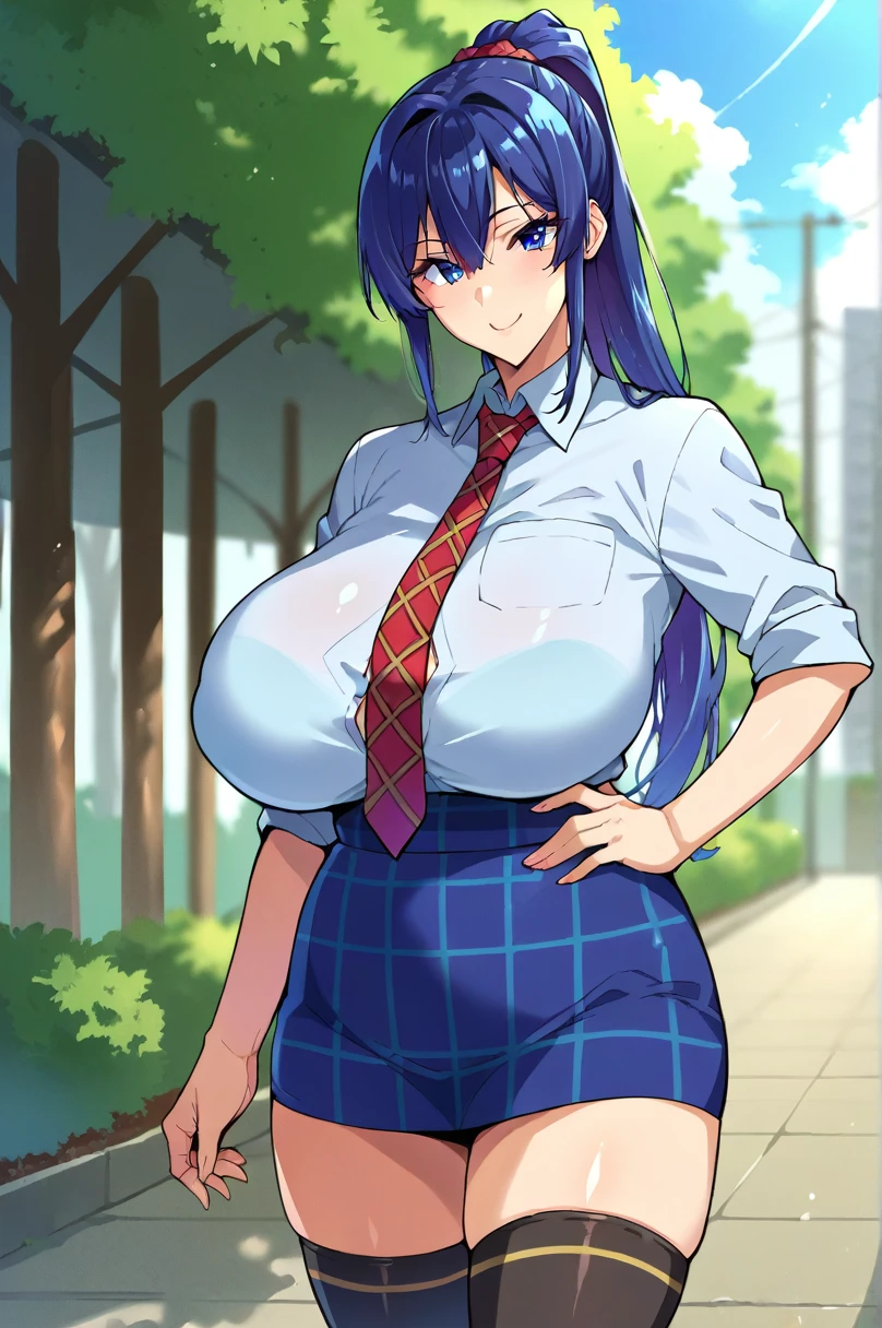 score_9,score_8_up,score_7_up,score_6_up, takeda hiromitsu style,1girl, breasts, skirt, thighhighs, solo, blue eyes, necktie, , long hair, blue hair, ponytail, huge breasts, shirt, tented shirt, plaid, outdoors, plaid skirt, smile, hand on hip, looking at viewer, blue skirt, sidelocks, high ponytail, thighs, sky, tree