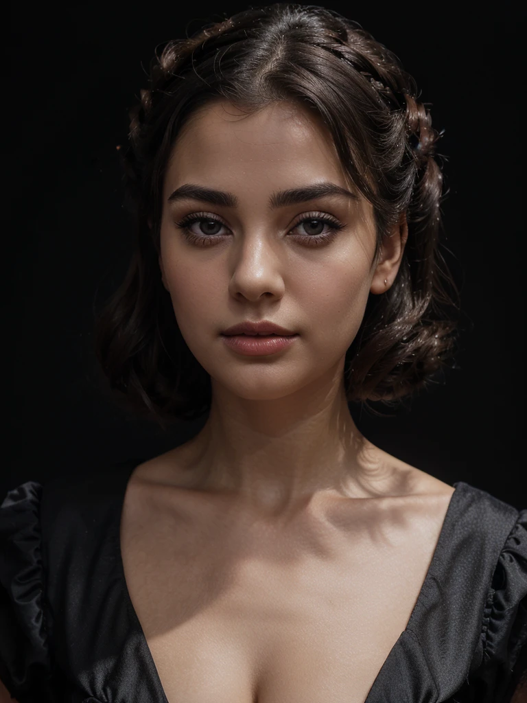 A beautiful dark-haired woman, elaborate updo hairstyle, portrait, plump lips, angelic face, gorgeous, matte skin, doe eyes, pronounced eyebrows, studio lighting, (black background:1.2), plain background, visage incroyable, charmante, princesse