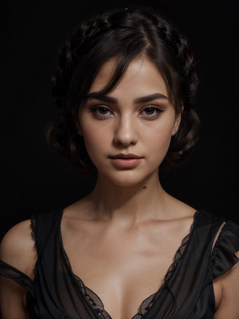 A beautiful dark-haired woman, elaborate updo hairstyle, portrait, plump lips, angelic face, gorgeous, matte skin, doe eyes, pronounced eyebrows, studio lighting, (black background:1.2), plain background, visage incroyable, charmante, princesse