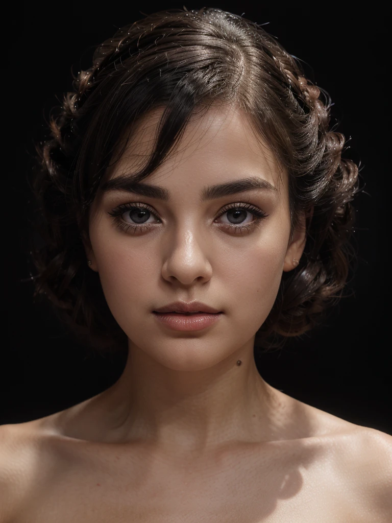 A beautiful dark-haired woman, elaborate updo hairstyle, portrait, plump lips, angelic face, gorgeous, matte skin, doe eyes, pronounced eyebrows, studio lighting, (black background:1.2), plain background, visage incroyable, charmante, princesse