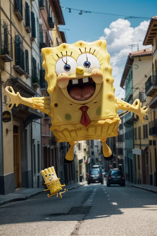 Spongebob flying holding an Italian pasta while screaming for his life