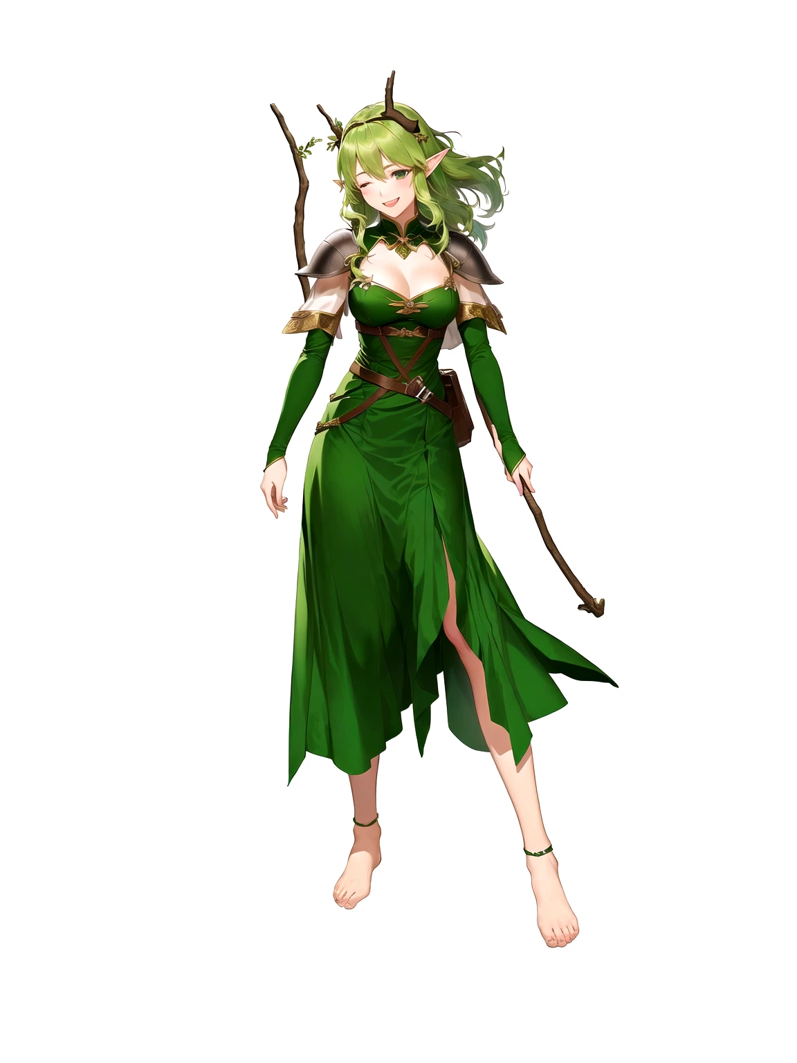 Anime, 1girl, 1woman, there is a woman dressed in a green dress with a bow and arrow, female forest archer, wood elf, (((mad))) elf princess, forest hunter lady, female elfling, female earth mage, female elf, beautiful wood elf, half elf woman, elven princess, elven warrior princess, elf princess knight, elf princess, female druid, forest dryad, (her right eye was closed, her left eye was open, she was laughing, not wearing shoes)