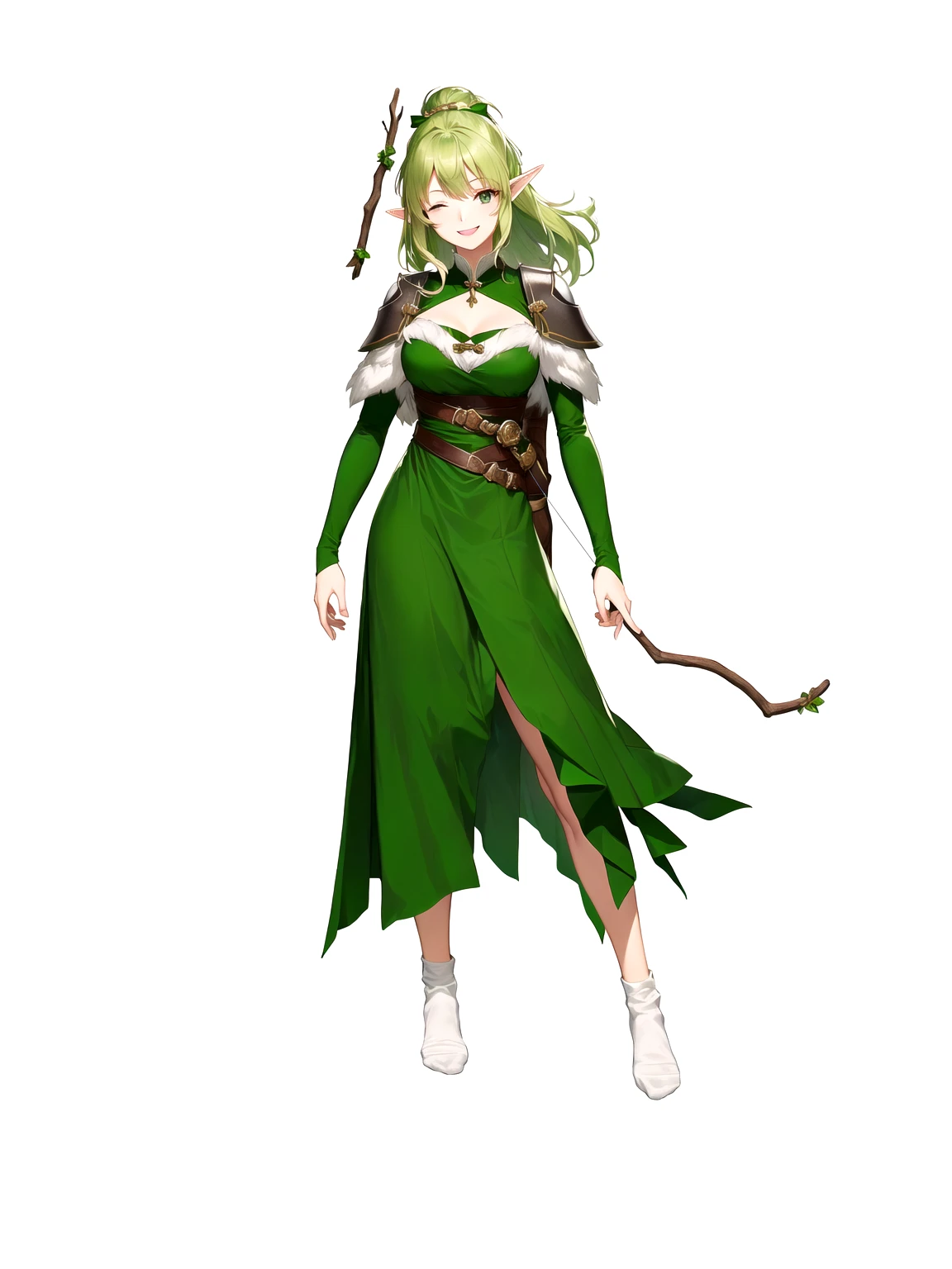 Anime, 1girl, 1woman, there is a woman dressed in a green dress with a bow and arrow, female forest archer, wood elf, (((mad))) elf princess, forest hunter lady, female elfling, female earth mage, female elf, beautiful wood elf, half elf woman, elven princess, elven warrior princess, elf princess knight, elf princess, female druid, forest dryad, (her right eye was closed, her left eye was open, she was laughing, not wearing shoes)