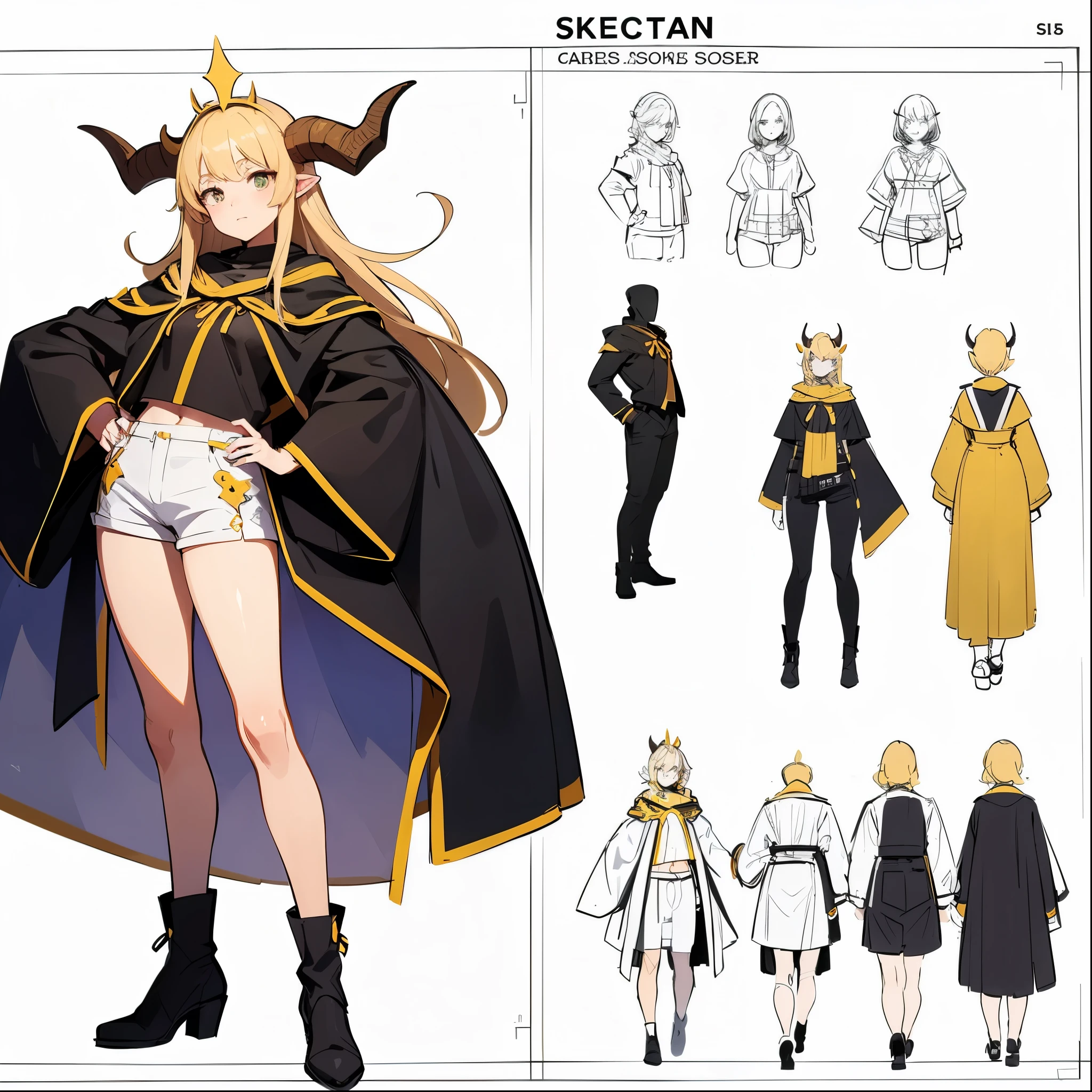sketch (Character Design Sheet, Same characters, whole body, Three-species, Front, ~ ~ ~ side, come back),(Very bright:1.1), White background, [1 girl:7], (tilted his head:1.2), ([sketch|watercolor \(Temperate\)]:1.15),whole body, Yellow medieval summer girl, concept, vines on the hand and horns from the vines, full length, whole body, magic hunter, white shorts, SFV