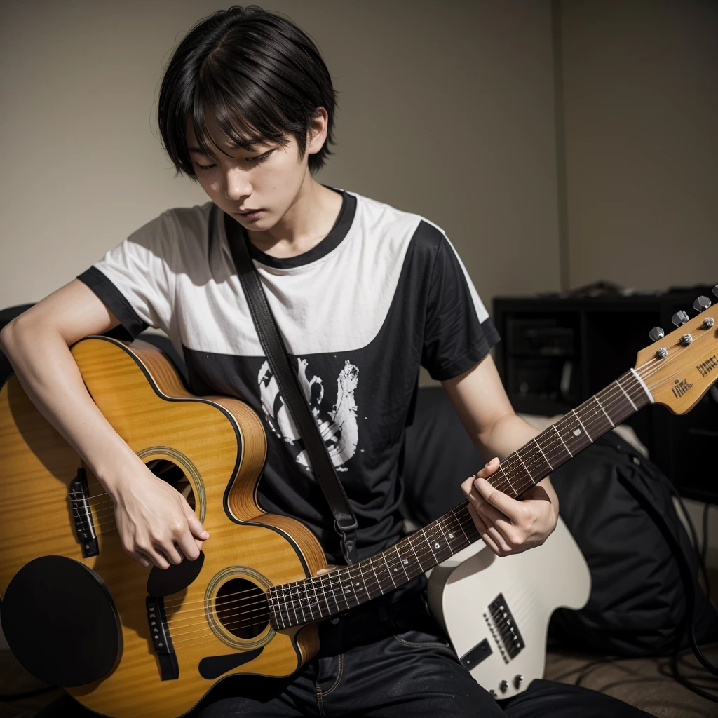 Saitama playing guitar