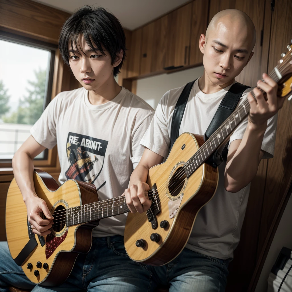 Saitama playing guitar