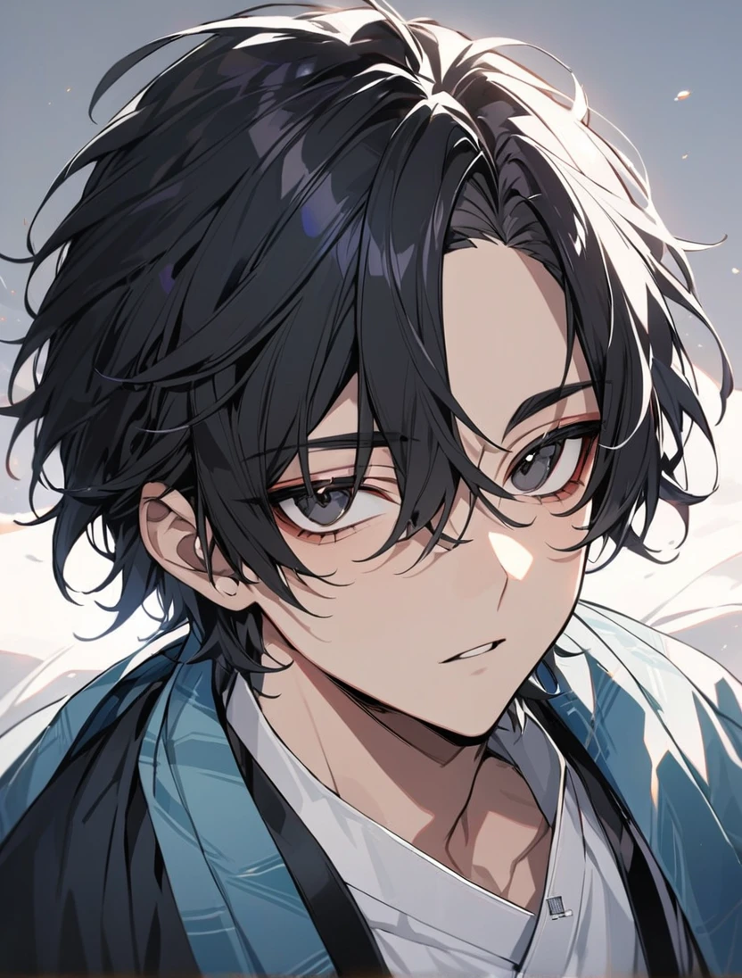 (black_hair), (short_hair), (deep_black_eyes), (high_detailed_eyse), (Handsome), (Attractive), (male), (unique_dark_colored_Haori), (light_inner_wear), (detailed_Hair), (detailed), (detailed_mouth), (Teenager), (dark_under_eyes),