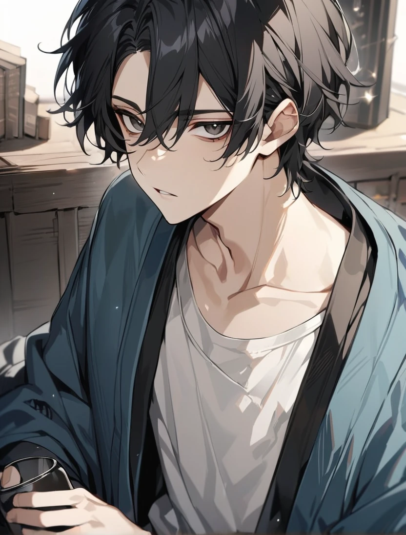 (black_hair), (short_hair), (deep_black_eyes), (high_detailed_eyse), (Handsome), (Attractive), (male), (unique_dark_colored_Haori), (light_inner_wear), (detailed_Hair), (detailed), (detailed_mouth), (r), (dark_under_eyes),