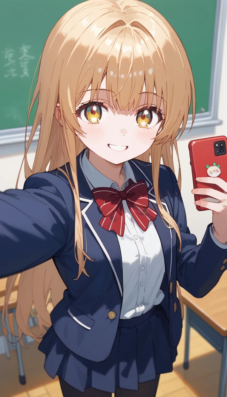 masterpiece,Ultra HD,score_4_onBREAK source_anime,可愛いanimeイラスト, masterpiece,high resolution,smile,alone,mahirushiina,One girl,Blonde,Long Hair,Selfie,Blue blazer,Red bow tie,black tights,School,classroom,