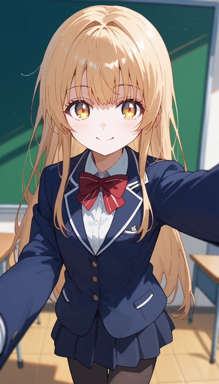 masterpiece,Ultra HD,score_4_onBREAK source_anime,可愛いanimeイラスト, masterpiece,high resolution,smile,alone,mahirushiina,One girl,Blonde,Long Hair,Selfie,Blue blazer,Red bow tie,black tights,School,classroom,