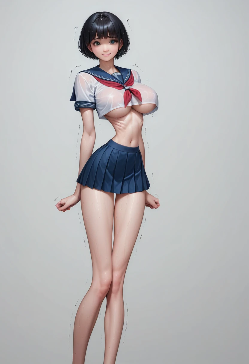 (masterpiece, best quality:1.2), Realistic photo, front shot, beautiful thin 1girl, (super big breasts, micro waist, very long legs:1.3), Black hair, short bob hair, (Extremely skinny), short height, Light Skin, cute big eyes, Small Mouth, cute beautiful thin face, forced smile, serafuku, mini skirt, Arched back, pigeon-toed, Embarrassing pose, Long and thin navel, (beautiful visible ribs), wet and sweaty, Trembling