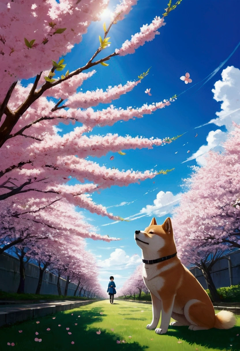 Makoto Shinkai Taste, Beautiful blue sky, Shiba Inu puppy enjoying cherry blossom viewing, ,Wide angle、unmanned、