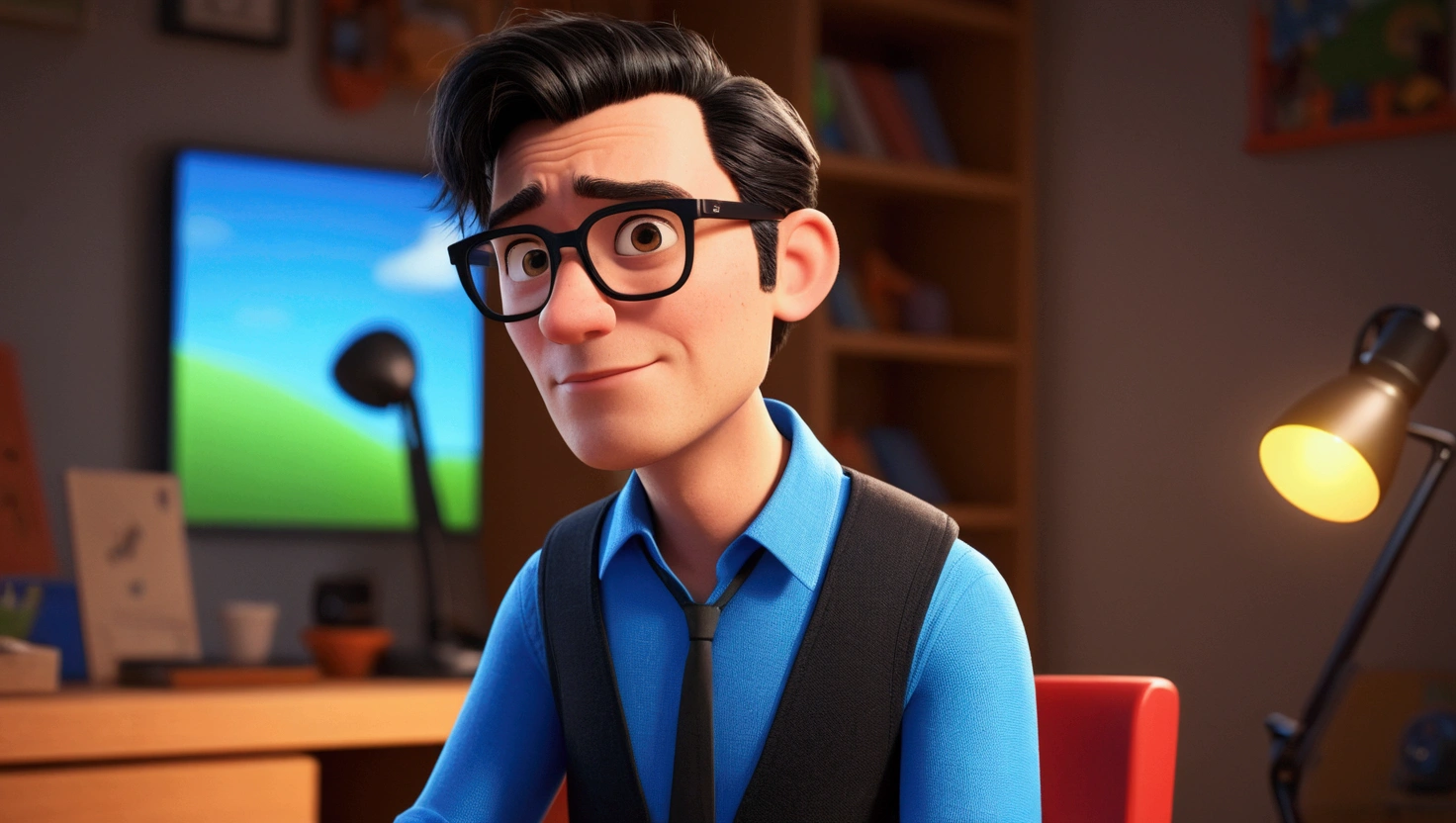 Cartoon character of a man in black glasses and blue shirt, an animated character, stylized character, animation style rendering, 3d stylized, Arnold Maya rendering, Stylized 3D rendering, toon render screenshot, 3d character, 3d character, Stylized 3D rendering, 3D character rendering, cartoon character, Personagem de close up, character posing, (Pixar-style) (master part:1.2) (bokeh) (best qualityer) (skin detailed) (detailed texture) (8K) (Argilla) (cinematic lighting) (sharp focus，Sit down and lift your upper body