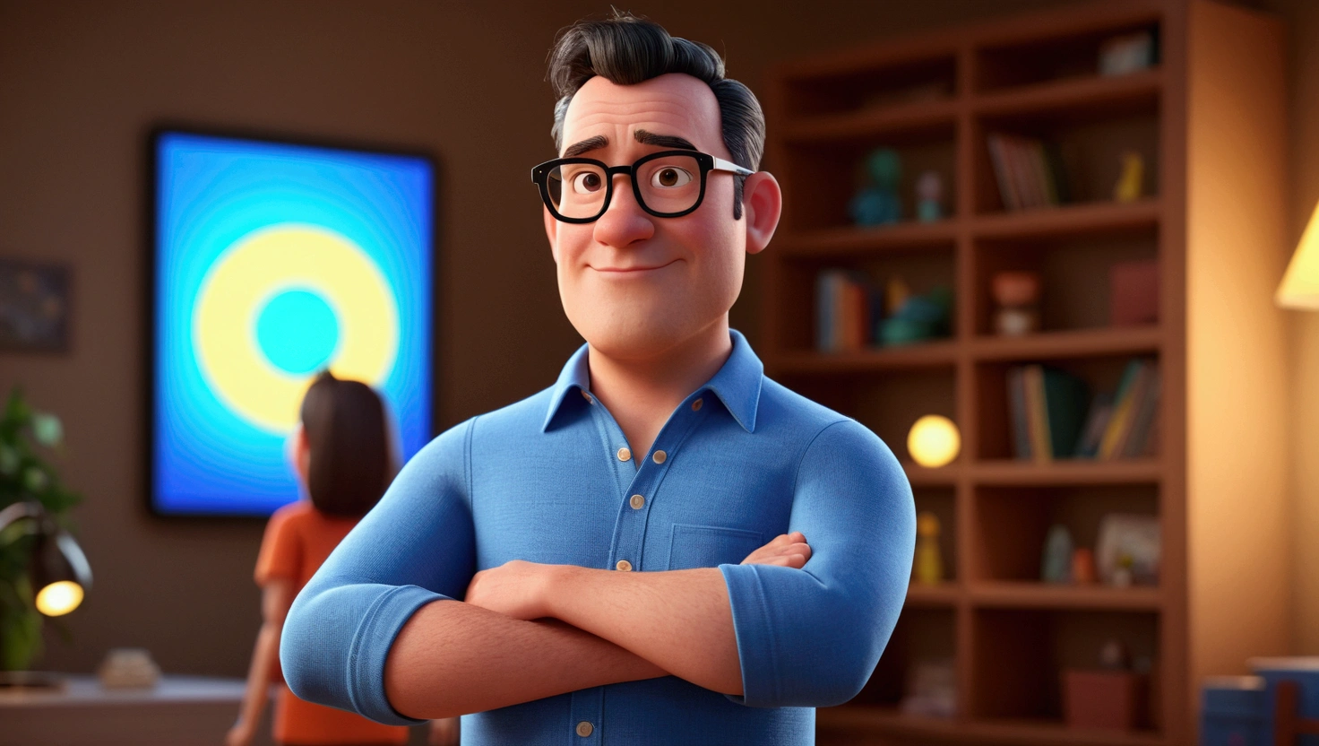 Cartoon character of a man in black glasses and blue shirt, an animated character, stylized character, animation style rendering, 3d stylized, Arnold Maya rendering, Stylized 3D rendering, toon render screenshot, 3d character, 3d character, Stylized 3D rendering, 3D character rendering, cartoon character, Personagem de close up, character posing, (Pixar-style) (master part:1.2) (bokeh) (best qualityer) (skin detailed) (detailed texture) (8K) (Argilla) (cinematic lighting) (sharp focus,Sit down and lift your upper body