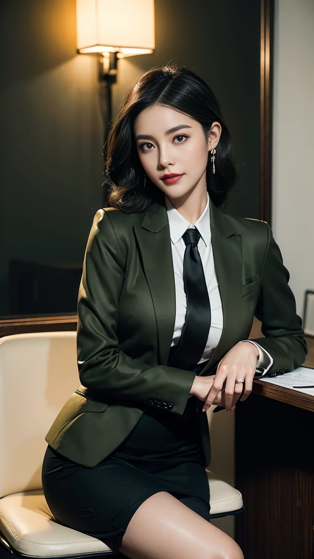 (Full body portrait), in the office,  a Chinese beauty in uniform, (Retro finger waves),finger waves, perfect face, smirk, lipstick, red lips, well toned ass，Deep olive green tight fitting wool jacket, a brown-green shirt,wearing (Black uniform tie),Deep Olive Green Wool Pencil Skirt, （Black high heeled knee high boots）,(handing male colleague an envelope),(male colleague sitting on the office chair), smiling, blushing, bright eyes, 1 girl, 1 boy, full body  standing, seductive smile, male colleague, office, desk, chair (night, bright lights), Best quality, masterpiece, ultra-high res, (photosensitive: 1.4),  8k Portrait of beautiful, enriched, elegant, highly detailed, Majestic, digital photography, art by artist and run jia and greg rutkowski, (masterpiece, sidelighting, finely detailed beautiful eyes: 1.2), hdr, detailed background,