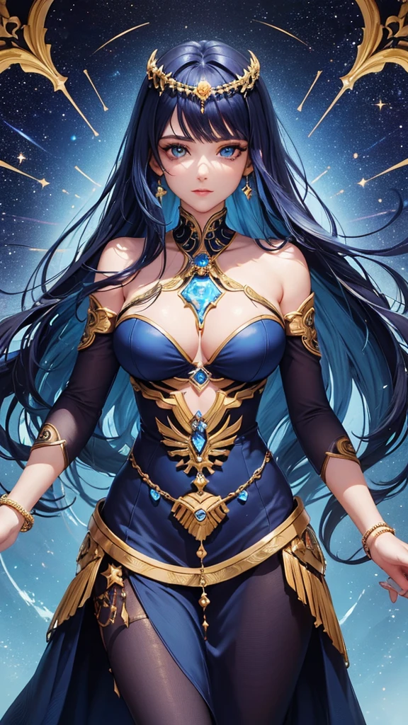 ( high quality , Super detailed, careful hand )Zodiac Signs - Sagittarius Goddess , Similar to Latin goodness . optimistic, fair, Interesting and intellectual face . reckless, ruthless, impatient, overconfident style . Deep blue eyes (Eye details) , Dark blue hair with bling bling , Sheer dress , in the ocean of stars , whole body , Fire makeup look , Chiron