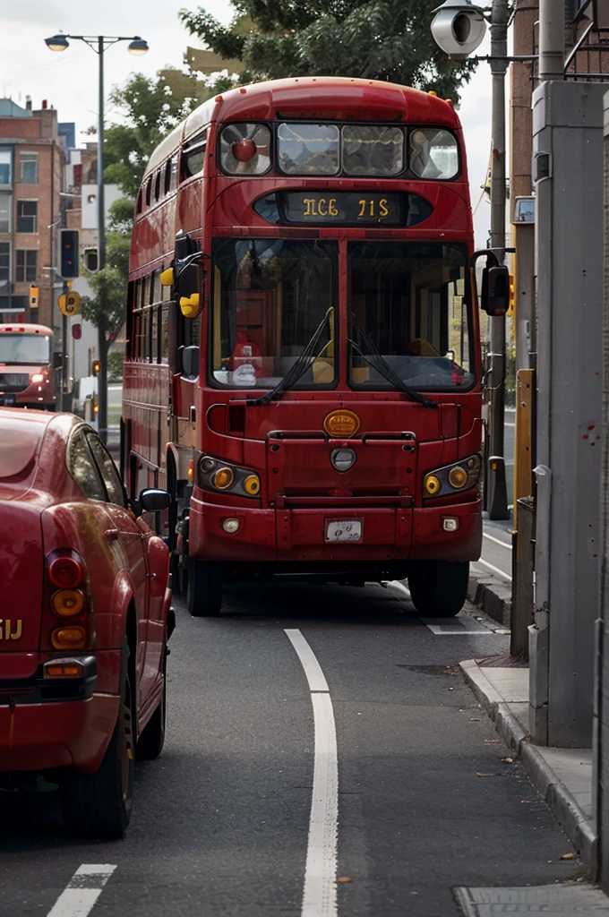 there is a red bus that is driving down the street, ( ( ( buses, public bus, buses,