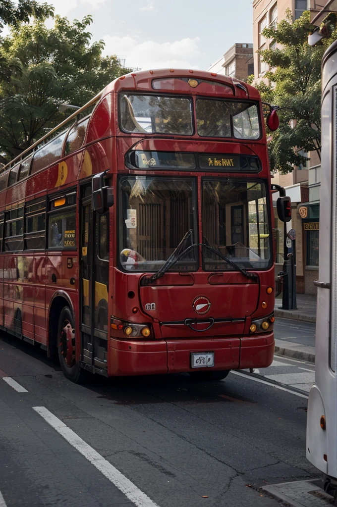 there is a red bus that is driving down the street, ( ( ( buses, public bus, buses, 