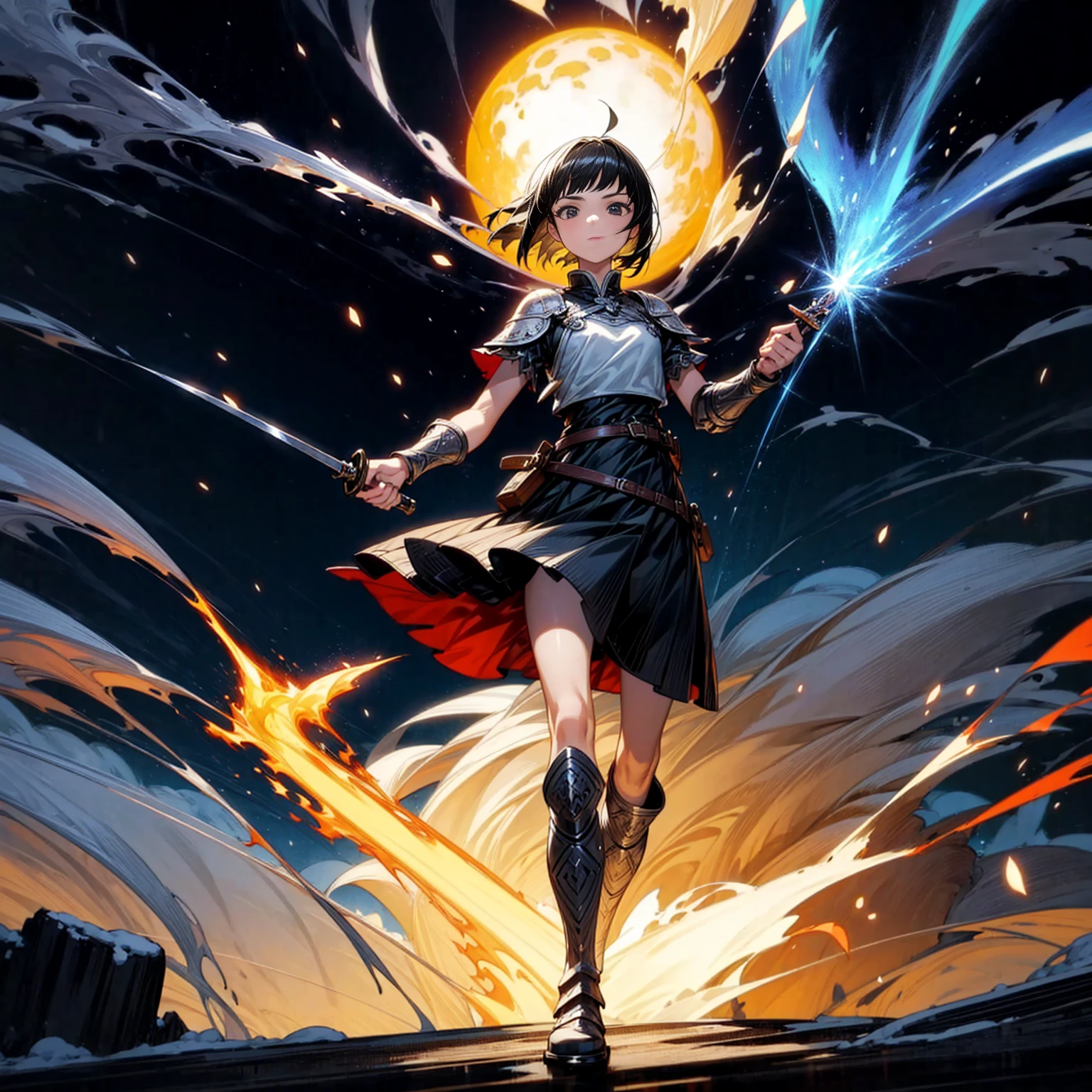 1girl, Full body version, 1character, girl version, black eyes color, short haircut, black colour hair, Ancient Roman style clothing, long skirt, ling boots, small armor body, Grassroots, background in snow, motion blur, (one piece style art), snow, knife in hand, standing gesture, fire, lighting knife, smoke effect, aura effect, lighting moon, Moonlight, fire aura, snow, blue lightning, Silhouette, knife light silhouette, moon