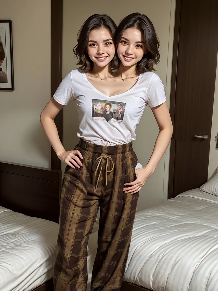 (conjoined_dicephalus), (2heads), 20-year-old white girl, tomboy, short brown hair, brown eyes, wearing a baggy v-neck t-shirt and flannel pants, standing in a bedroom, smiling