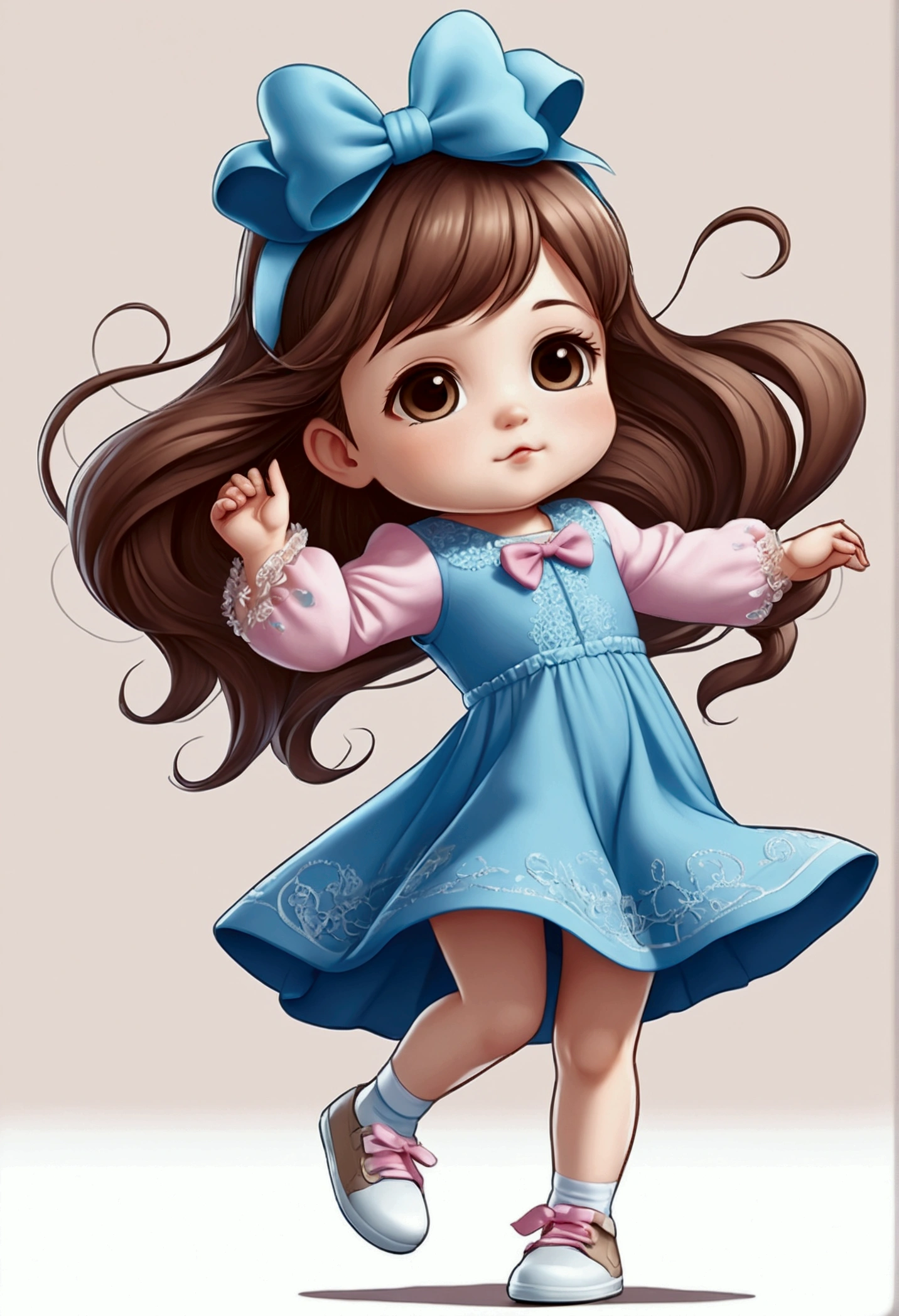 chibi baby 8k, highly detailed, beautiful girl, baby, chibi, , cover art, blue hair bow, brown long hair pink sleeve dress, white background,white shoes, balancing, optimistic, brown hair, brown hair,
