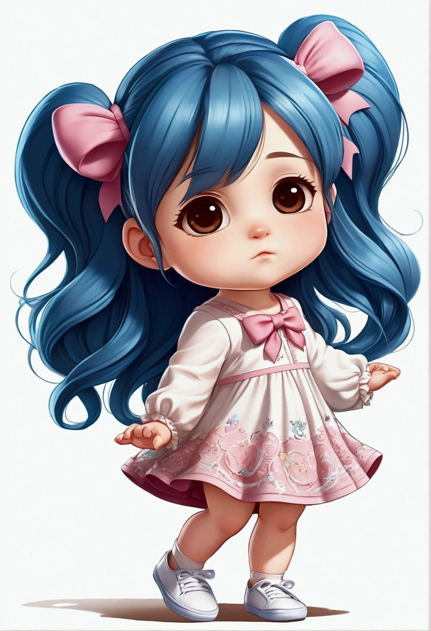 chibi baby 8k, highly detailed, beautiful girl, baby, chibi, , cover art, blue hair bow, brown long hair pink sleeve dress, white background,white shoes, balancing, optimistic, brown hair, brown hair,
