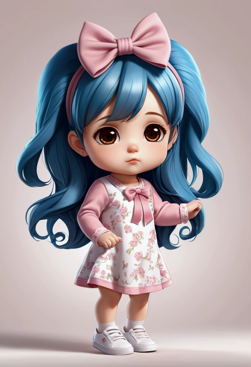 chibi baby 8k, highly detailed, beautiful girl, baby, chibi, , cover art, blue hair bow, brown long hair pink sleeve dress, white background,white shoes, balancing, optimistic, brown hair, brown hair,
