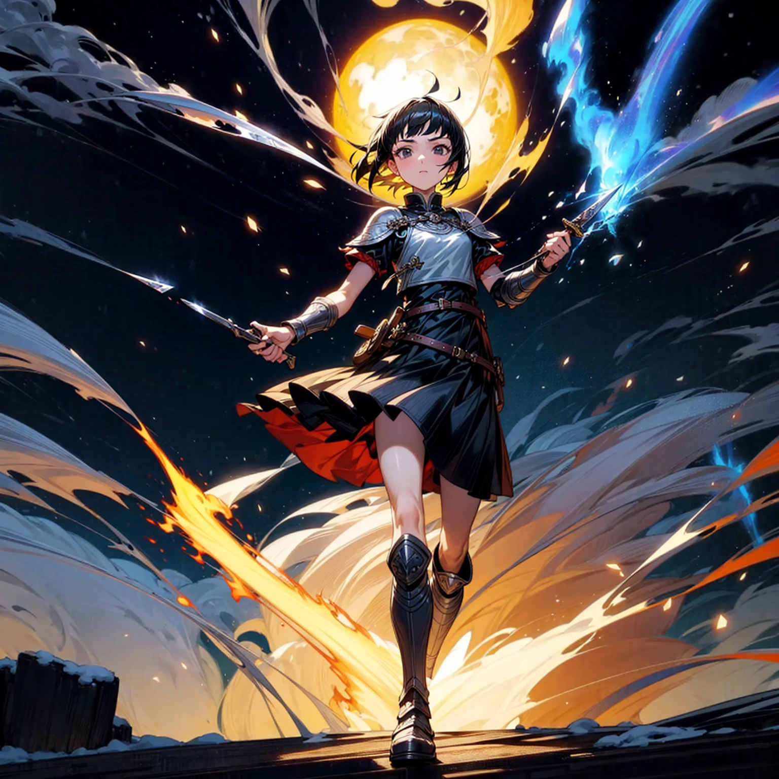 1girl, Full body version, 1character, girl version, black eyes color, short haircut, black colour hair, Ancient Roman style clothing, long skirt, ling boots, small armor body, Grassroots, background in snow, motion blur, (one piece style art), snow, knife in hand, standing gesture, fire, lighting knife, smoke effect, aura effect, lighting moon, Moonlight, fire aura, snow, blue lightning, Silhouette, knife light silhouette, moon 