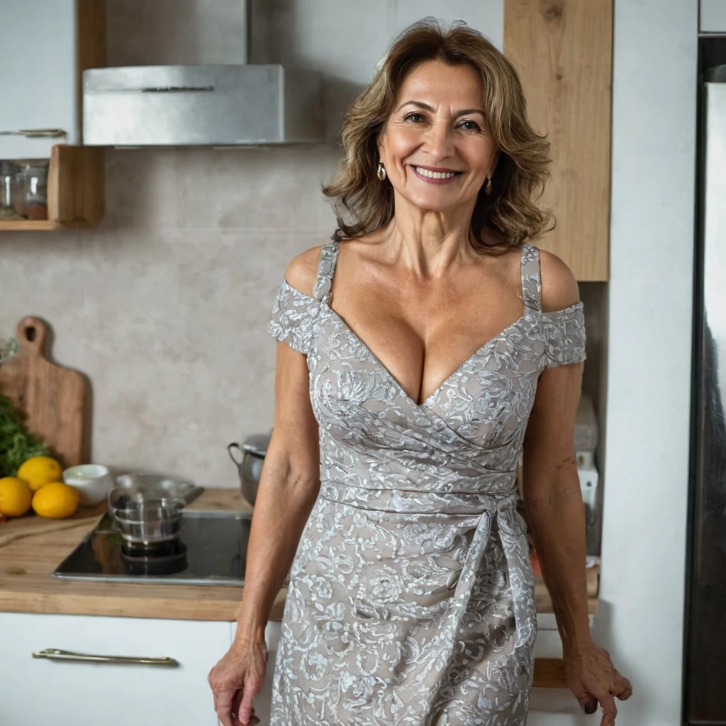 Woman 50 years old from Bulgaria, with firm breasts, in a dress with a deep neckline, Stands tall, in the kitchen, smiling and looking at the camera