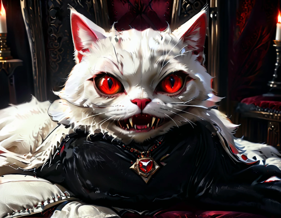 a portrait of vampiric cat, close up portrait of white cat with white fur, shiny fur, red glowing eyes, vampiric feline fangs, he has a red diamond collar, he sits on  a black velvet pillow, intricate detailed pillow, (full body shot: 1.3), dark fantasy library in the background, Ultra-high resolution, High Contrast, (masterpiece:1.5), (anatomically correct: 1.4), highest quality, Best aesthetics), best details, best quality, highres, ultra wide angle, 16k, [ultra detailed], masterpiece, best quality, (extremely detailed), Amber cat eyes, vampire teeth, gothichorrorAI
